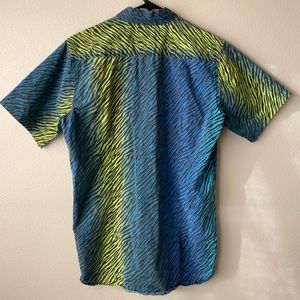 Neon Zebra Print Green Blue Button Up Short Sleeve